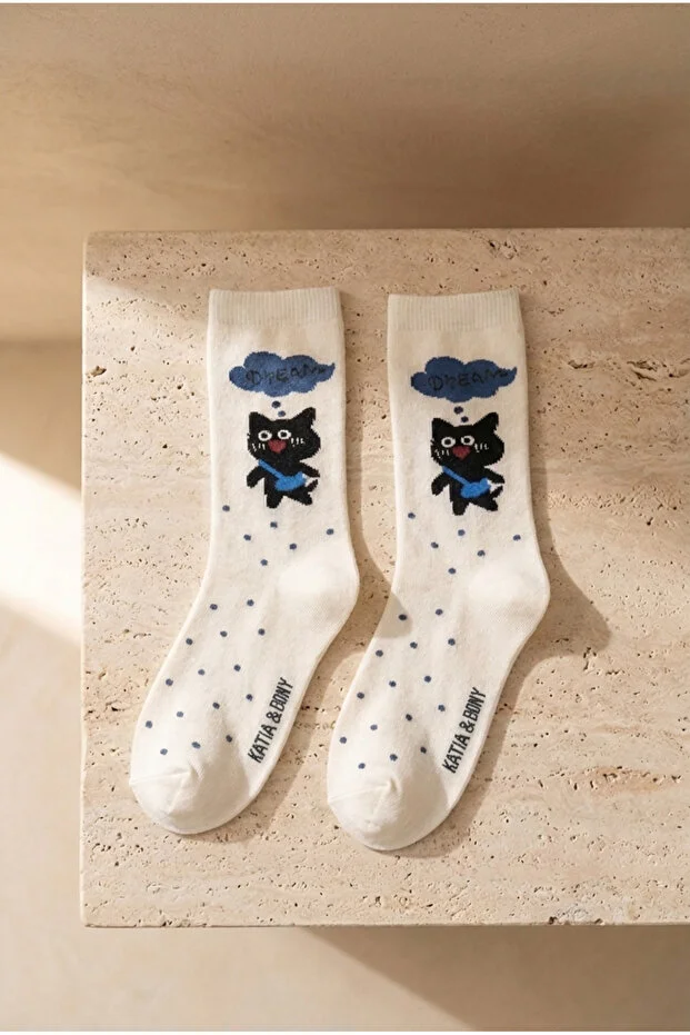 Kadın 4'lü Karışık Kedi Desenli Soket Çorap